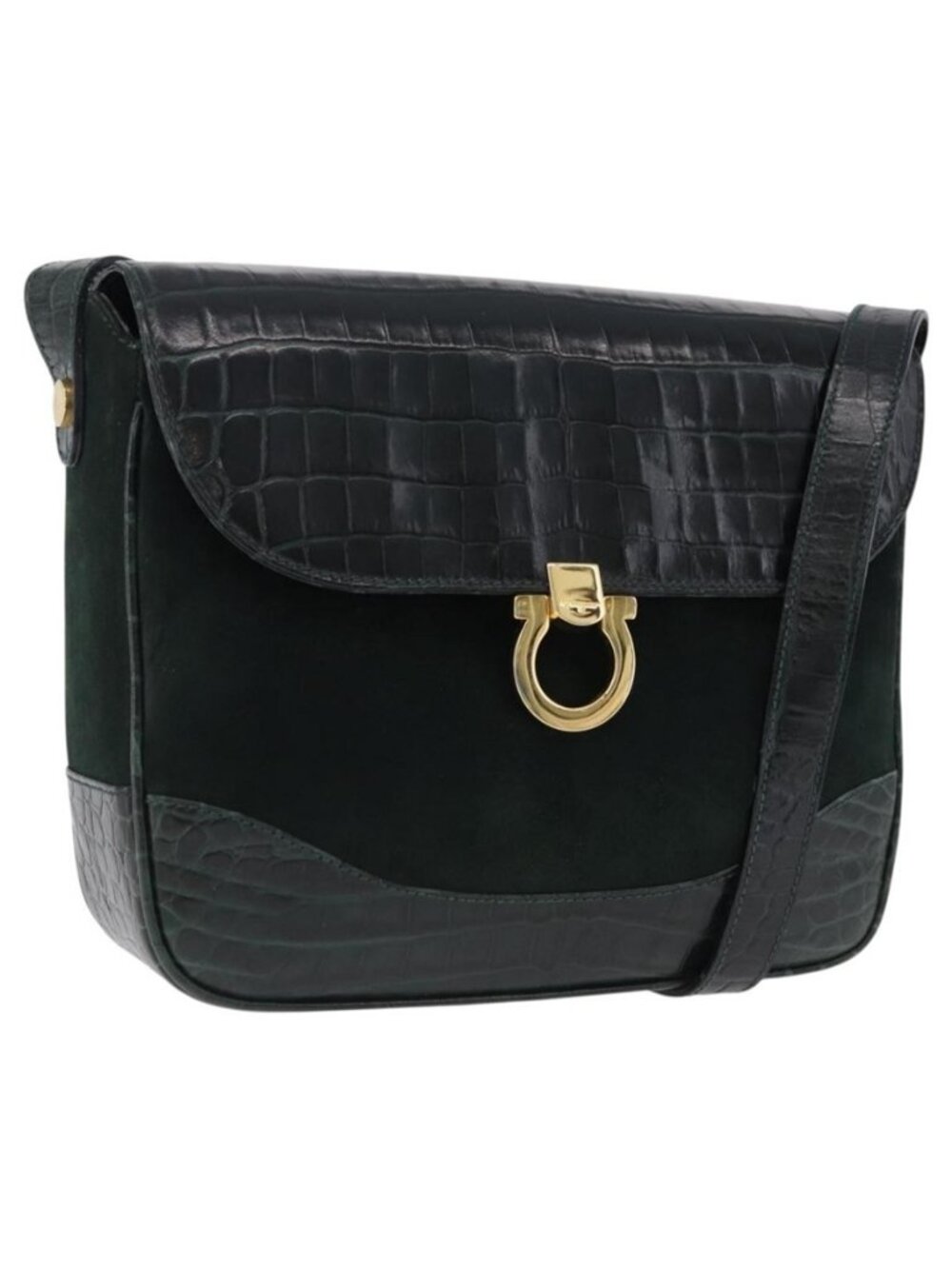 Authentic Salvatore Ferragamo Gancini Bag Leather embossed Green Gold
